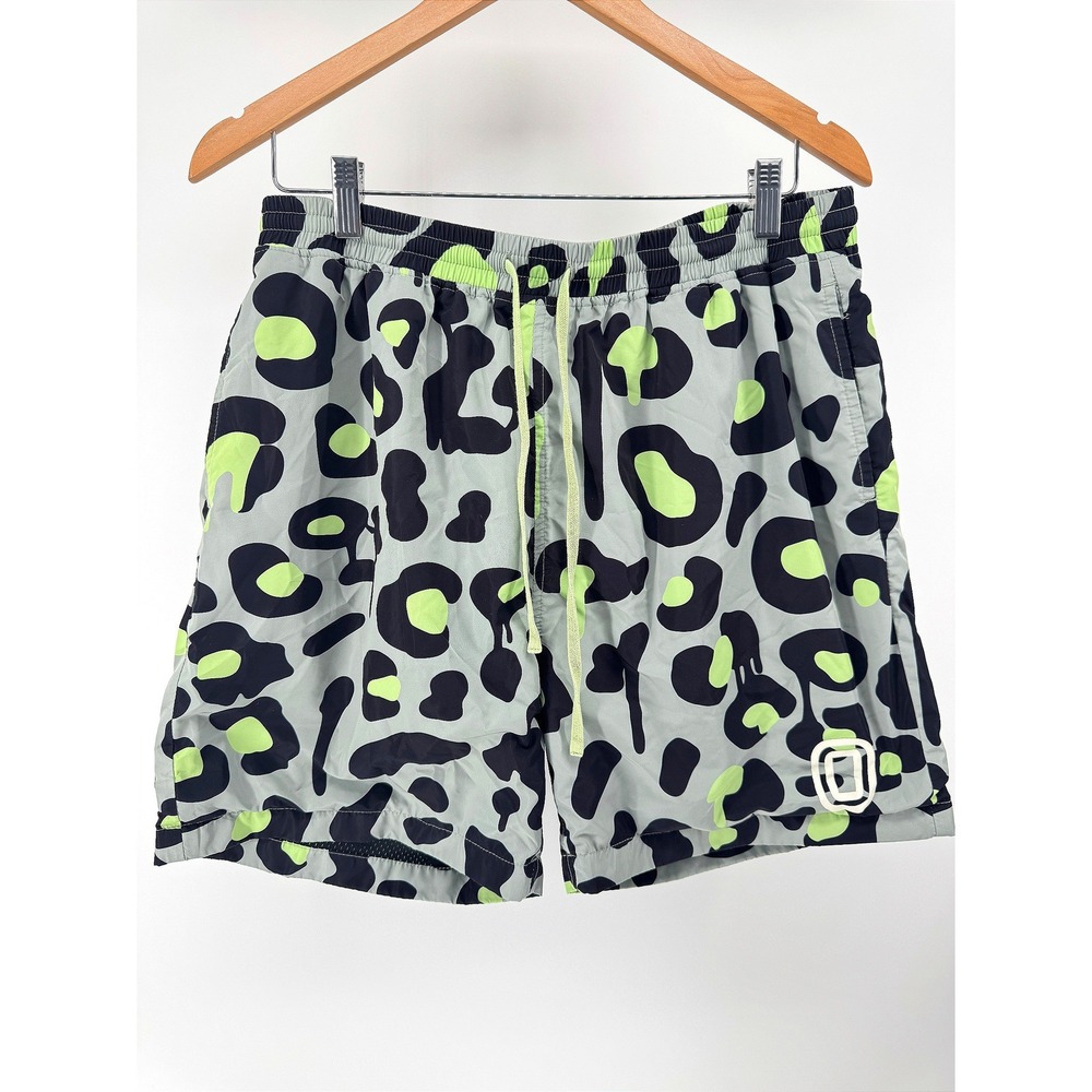 Overtime  Performance Shorts Mens L Neon Green Leopard Print Athletic Streetwear